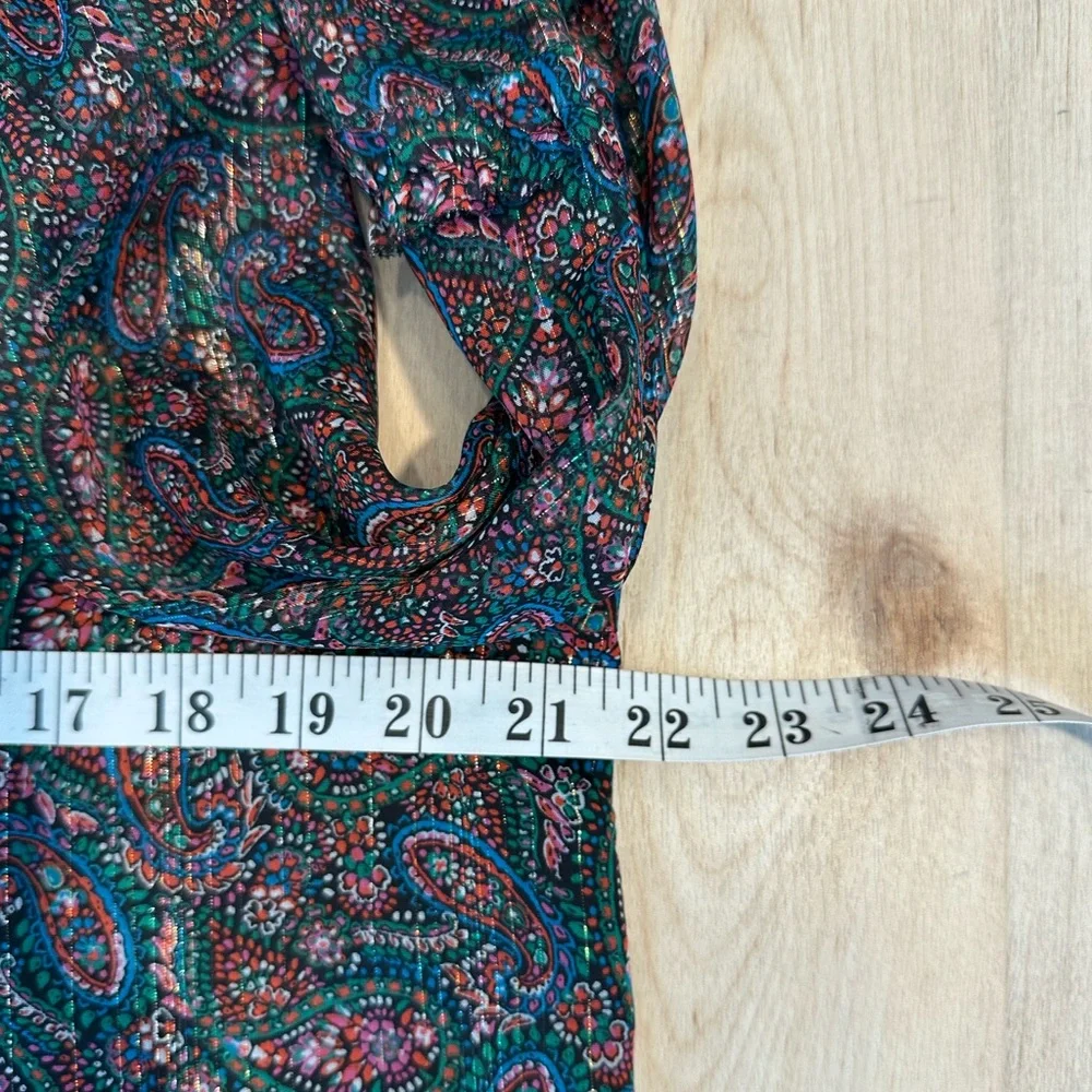 LOFT Women's Multicolor Shimmer Paisley Smocked Ruffle Tie Neck Blouse Sz M - Picture 8 of 13